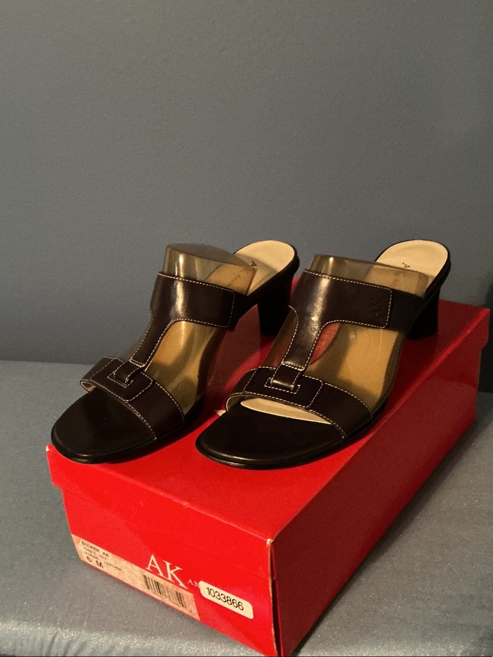 Anne Klein Black Patent Leather T-Strap Block Heel Sandals